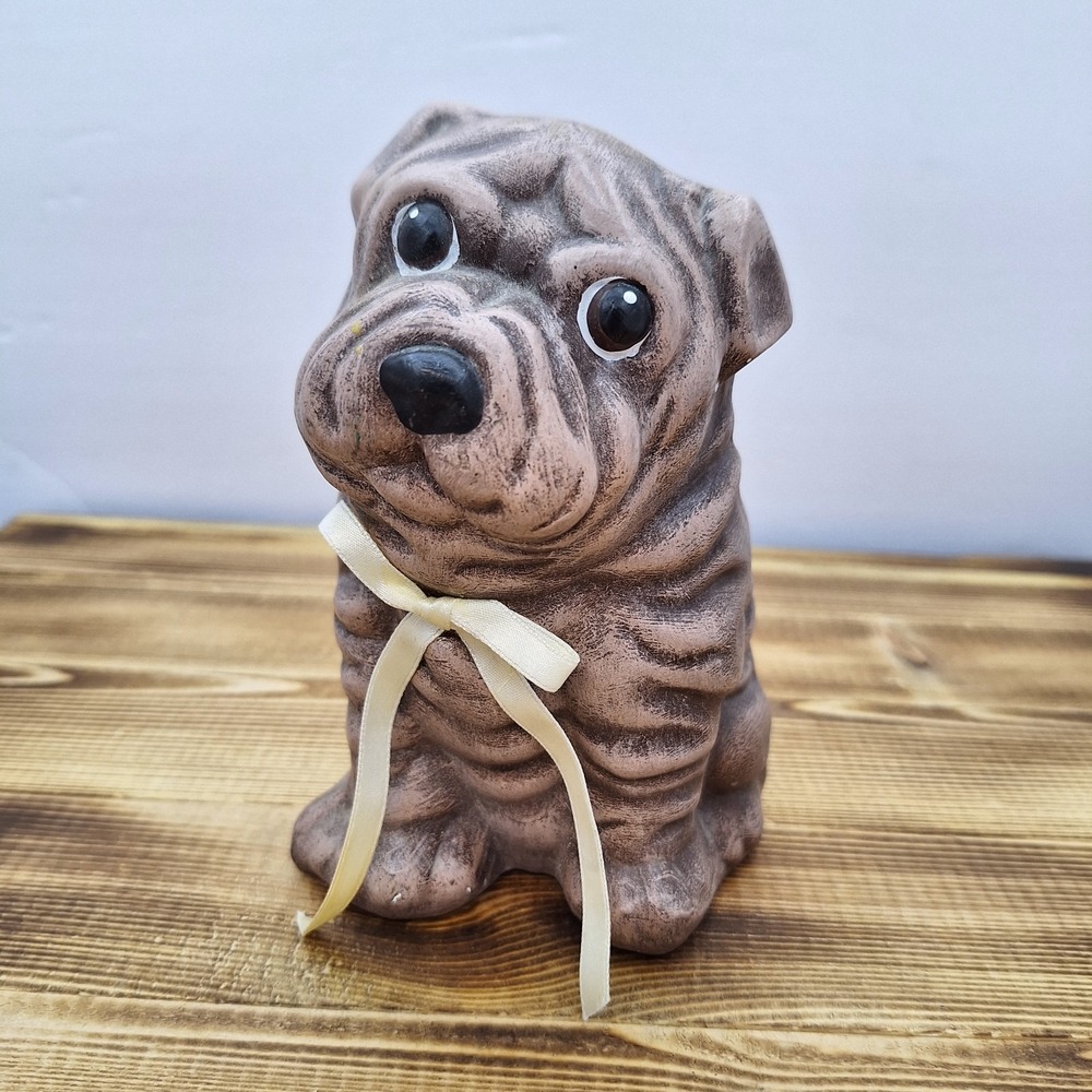 Artisan Ceramic Shar Pei Dog Puppy 5"x3" Wrinkles Cute Adorable Figurine W/‎ Bow